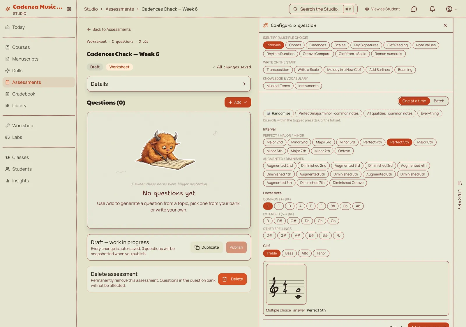 The assessment configurator: topic pills, parameters, and a live-rendered question preview