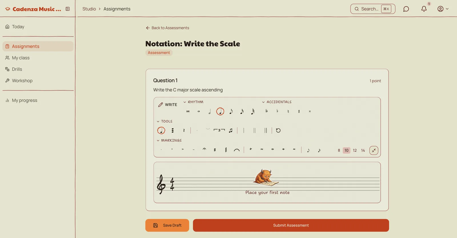 A student answering a notation assessment question on a blank staff with a notation palette